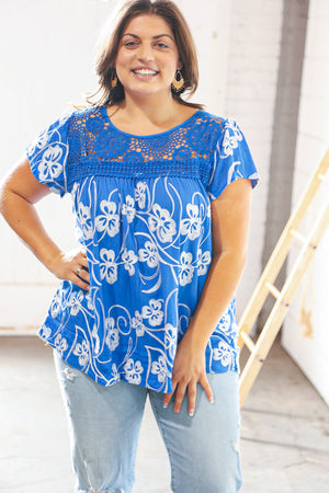 Blue Smocked Embroidered Flutter Sleeve Woven Top