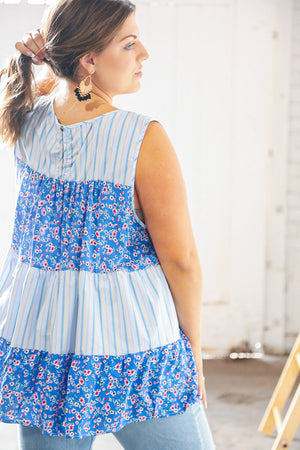 Blue Vertical Stripe & Floral Rayon Back Keyhole Top