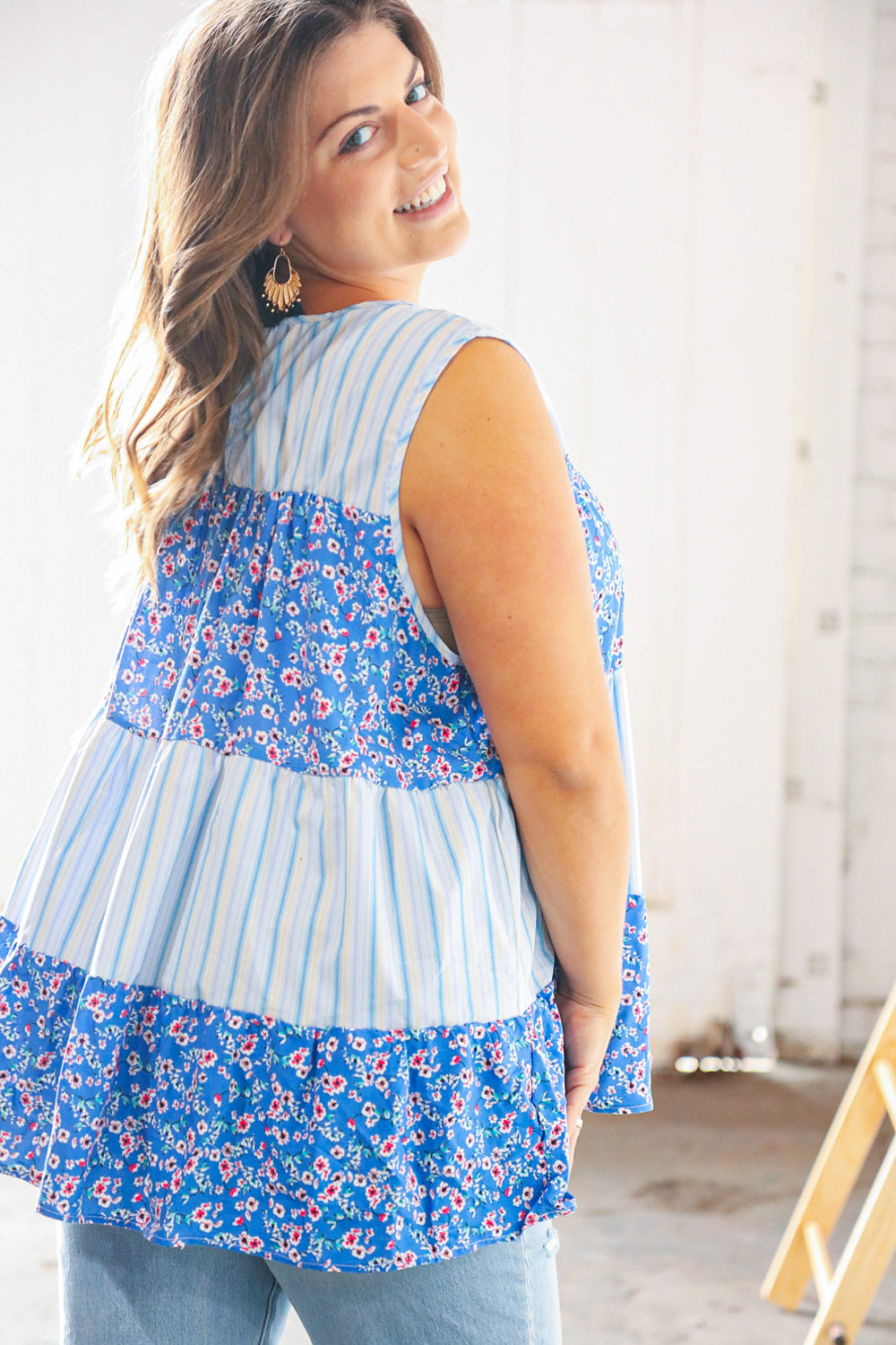 Blue Vertical Stripe & Floral Rayon Back Keyhole Top