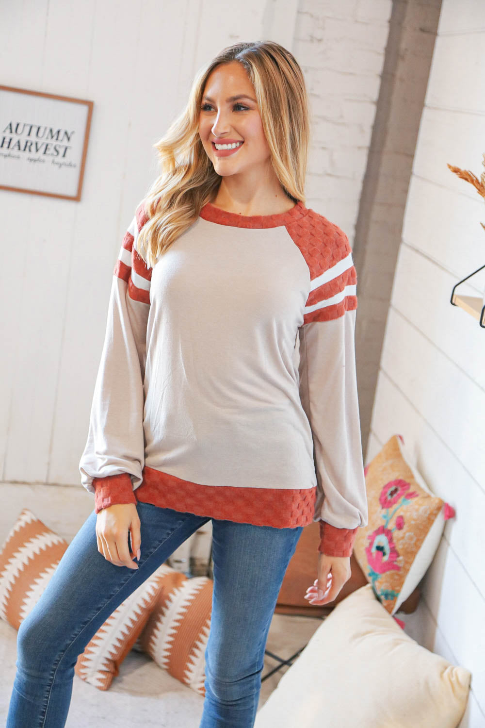 Beige Checker Jacquard Game Day Raglan Pullover