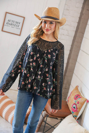 Black Floral Lace Color Block Bell Sleeve Blouse