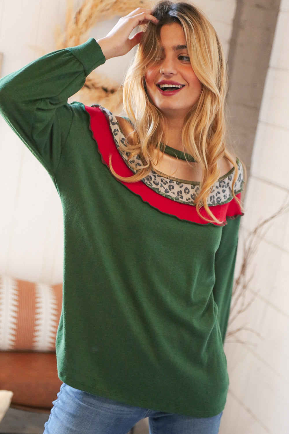 Christmas Green Terry Hacci Color Block Pullover