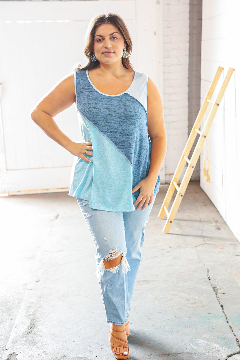 Blue Asymmetrical Outseam Color Block Tank Top