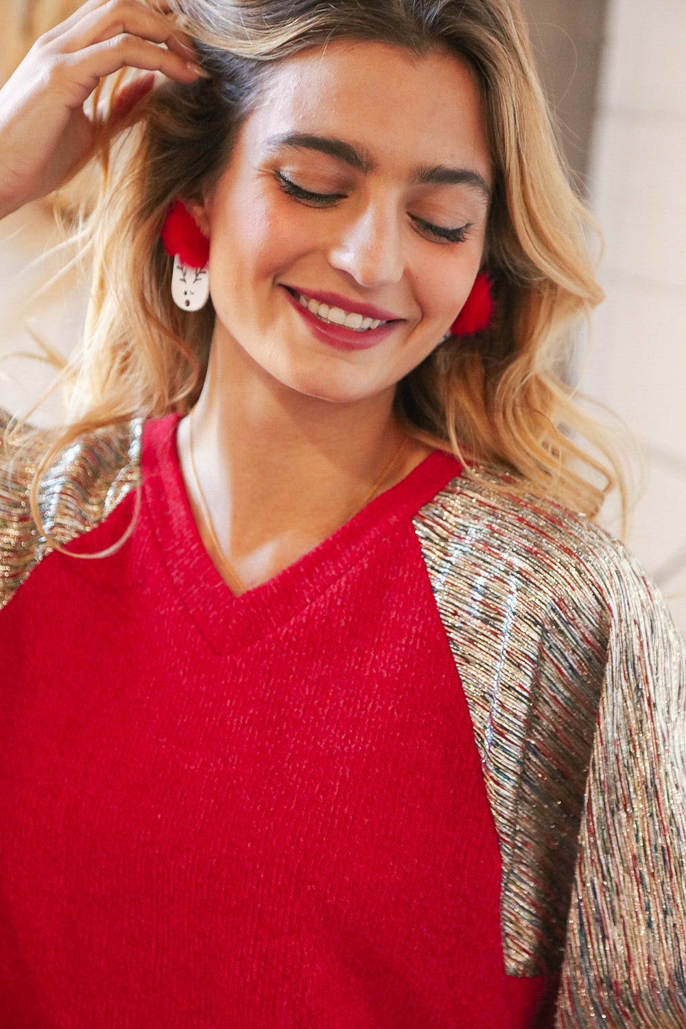 Fuzzy Pom Reindeer Christmas Earrings