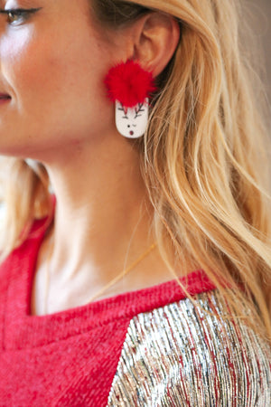 Fuzzy Pom Reindeer Christmas Earrings