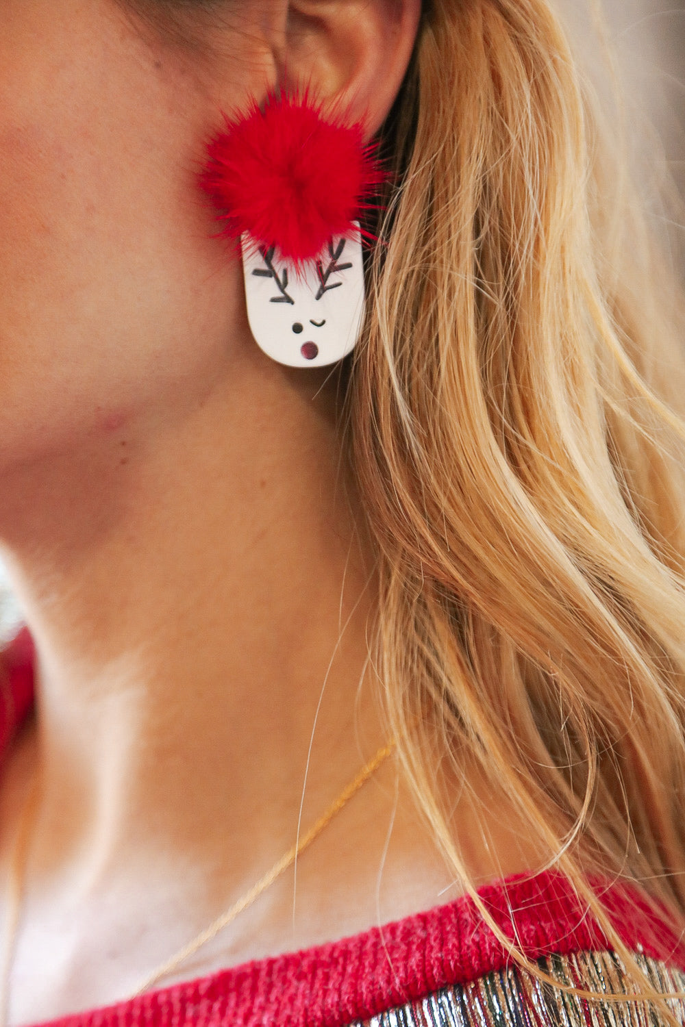 Fuzzy Pom Reindeer Christmas Earrings