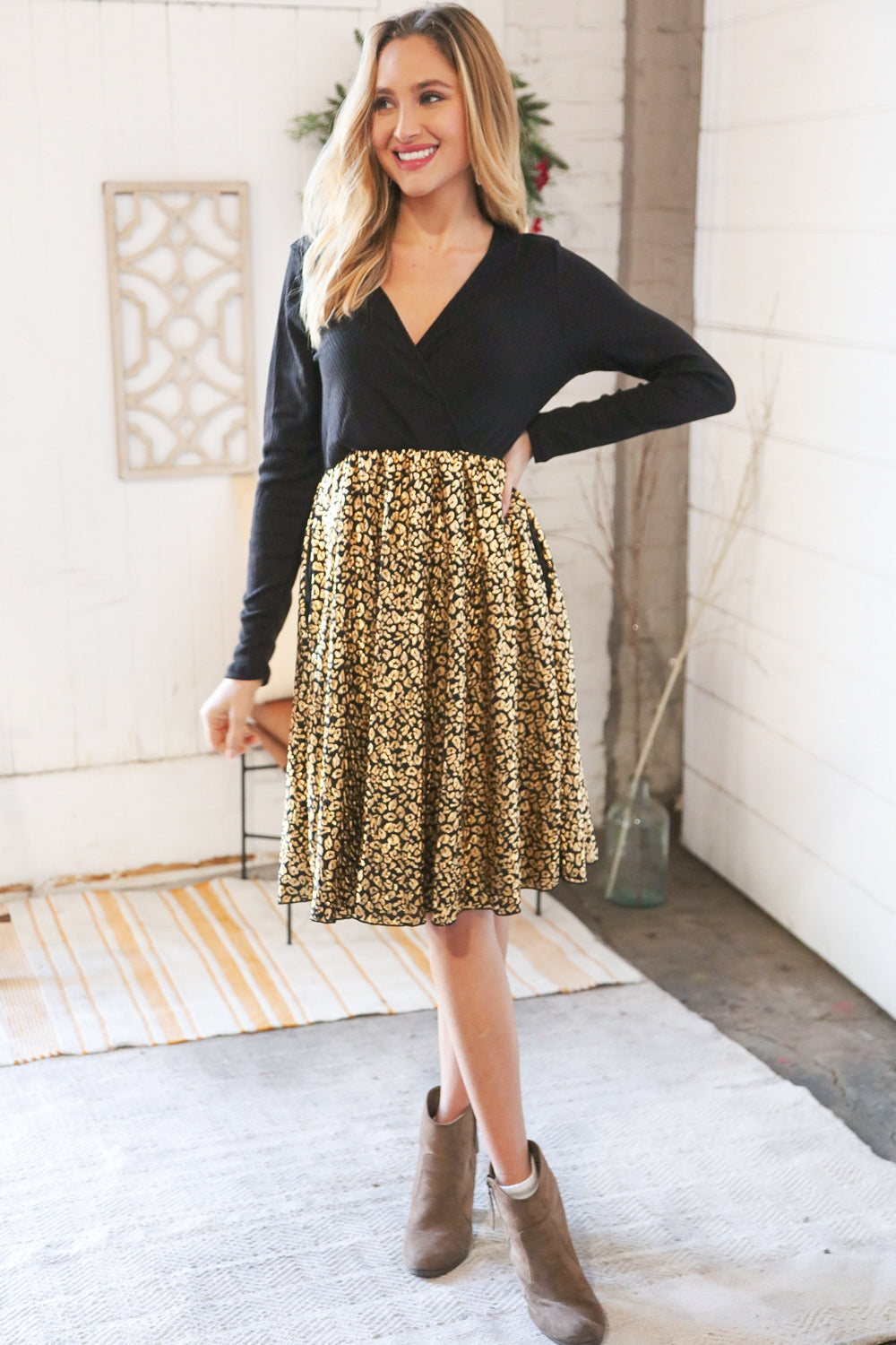 Hacci Rib Pleated Gold Foil Leopard Twofer Midi Dress