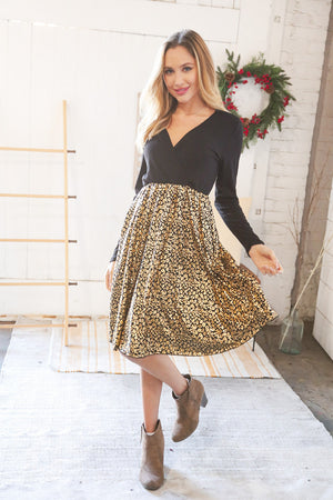 Hacci Rib Pleated Gold Foil Leopard Twofer Midi Dress