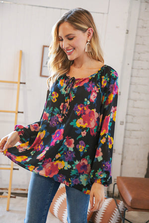 Black Multicolor Floral Keyhole Wool Dobby Top