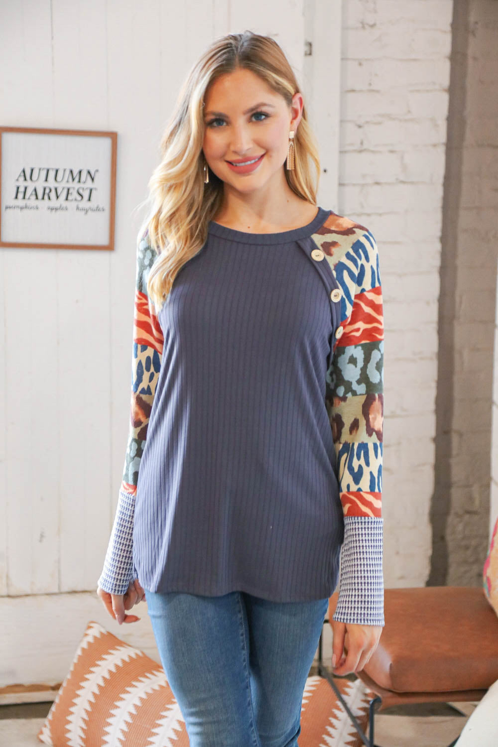 Grey Ribbed Multi Leopard Button Raglan Top