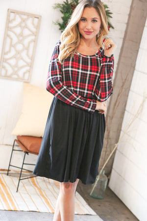 Christmas Plaid Hacci Babydoll Pocketed Swing Dress