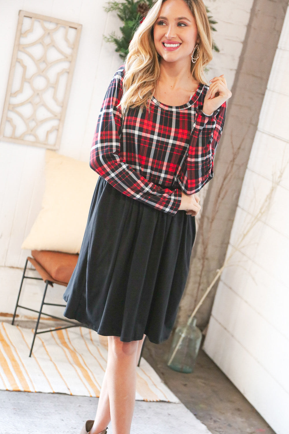 Christmas Plaid Hacci Babydoll Pocketed Swing Dress