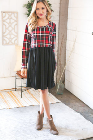 Christmas Plaid Hacci Babydoll Pocketed Swing Dress