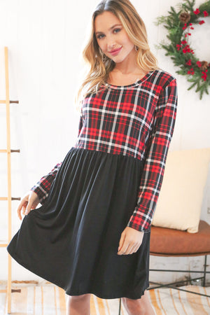 Christmas Plaid Hacci Babydoll Pocketed Swing Dress