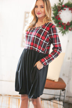 Christmas Plaid Hacci Babydoll Pocketed Swing Dress