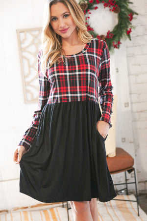 Christmas Plaid Hacci Babydoll Pocketed Swing Dress