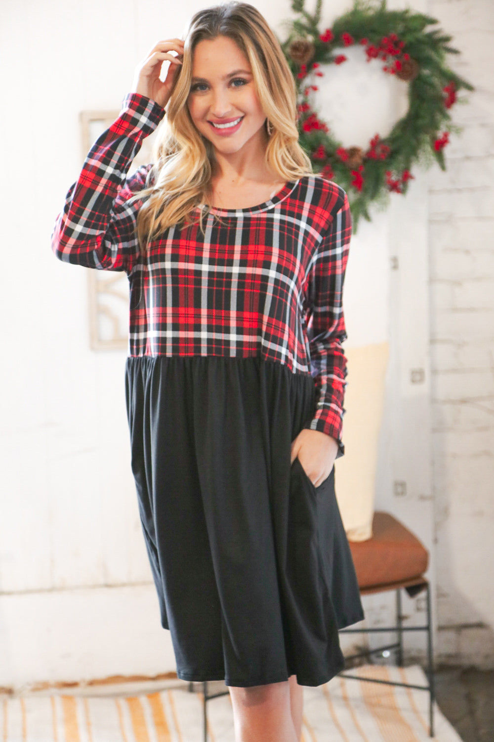 Christmas Plaid Hacci Babydoll Pocketed Swing Dress