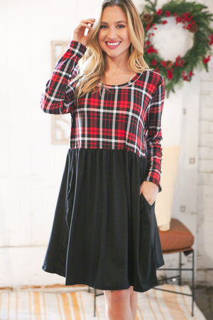 Christmas Plaid Hacci Babydoll Pocketed Swing Dress