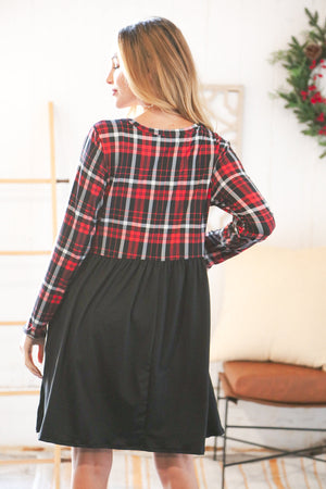 Christmas Plaid Hacci Babydoll Pocketed Swing Dress