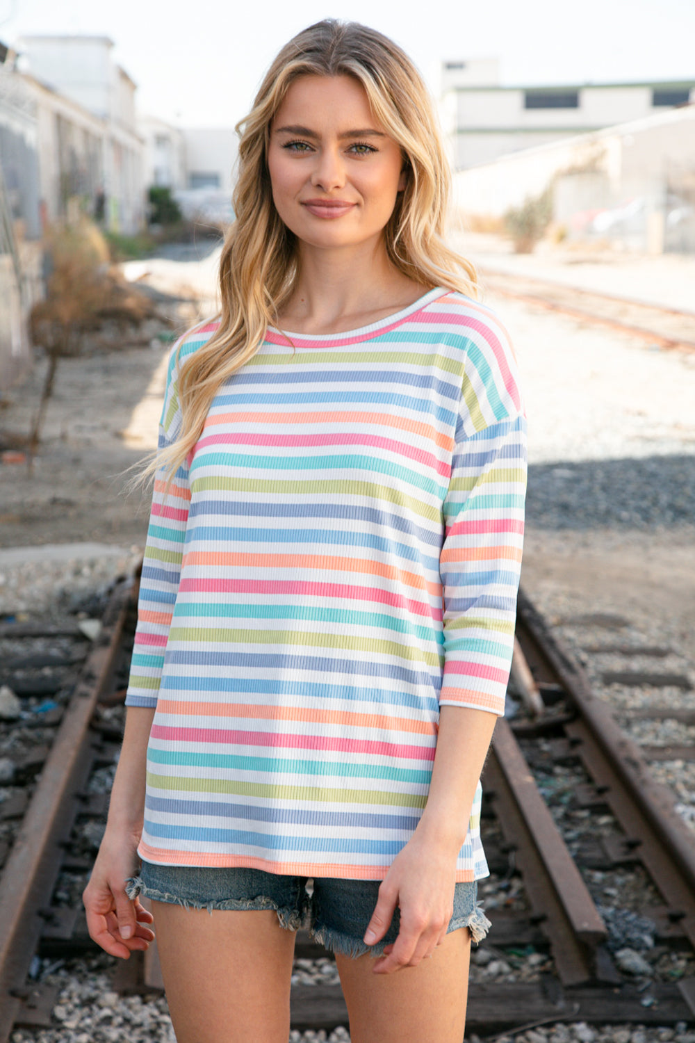 Rib Multicolor Stripe Oversized Knit Top