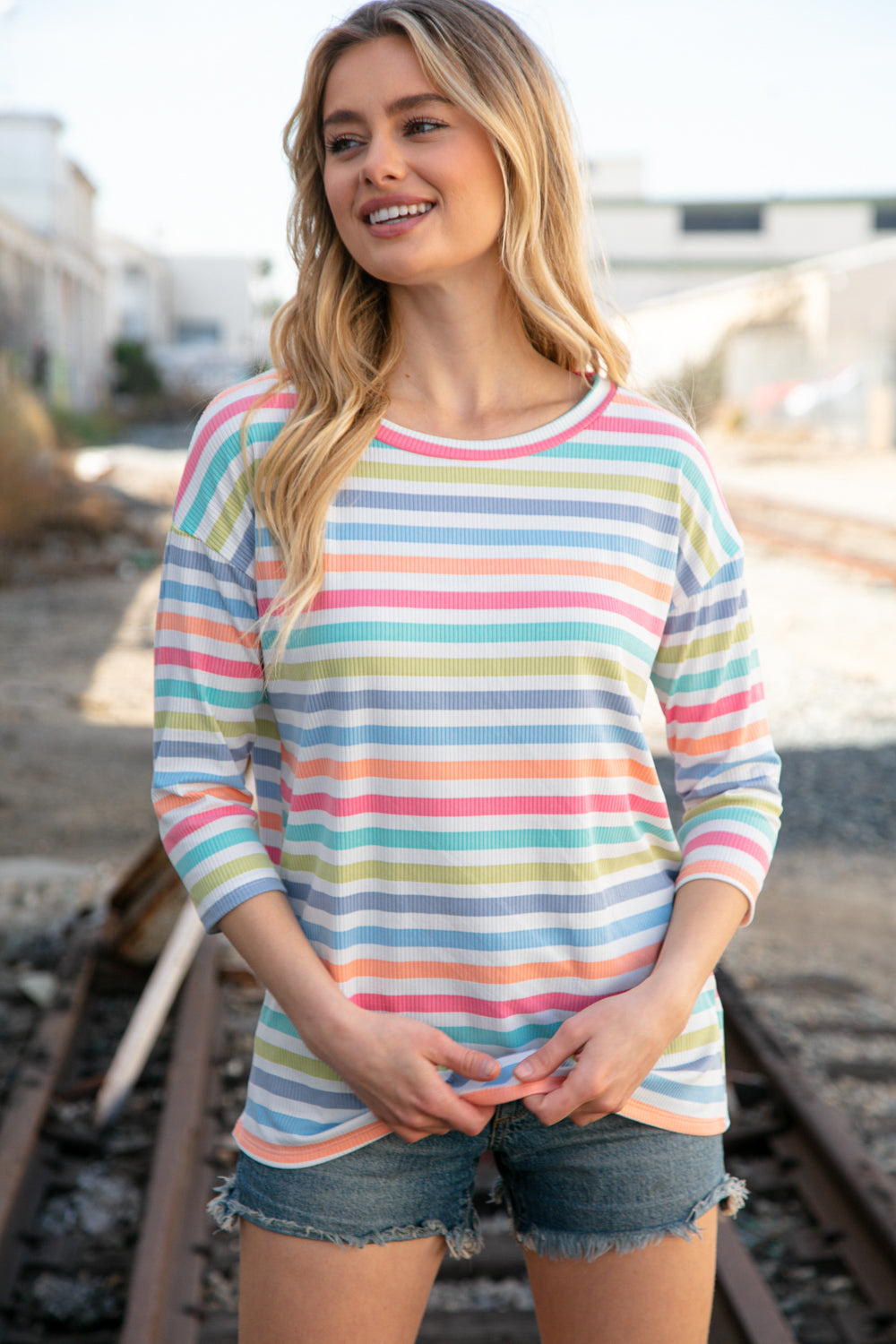 Rib Multicolor Stripe Oversized Knit Top