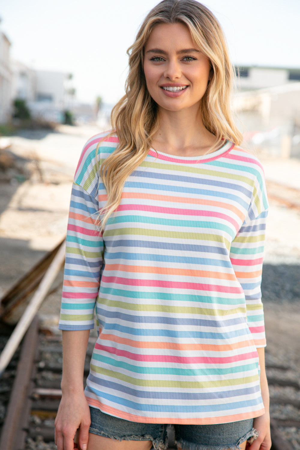 Rib Multicolor Stripe Oversized Knit Top