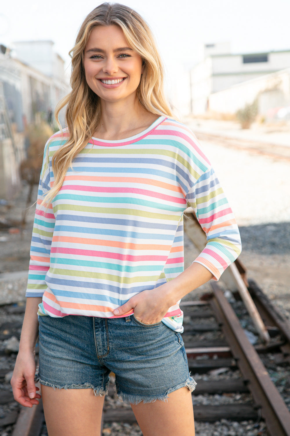 Rib Multicolor Stripe Oversized Knit Top