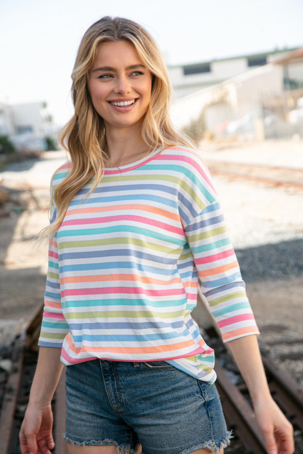 Rib Multicolor Stripe Oversized Knit Top