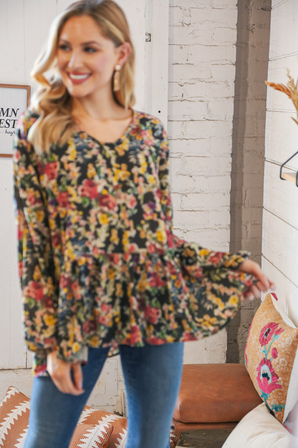 Black Floral V Neck Babydoll Ruffle Woven Blouse