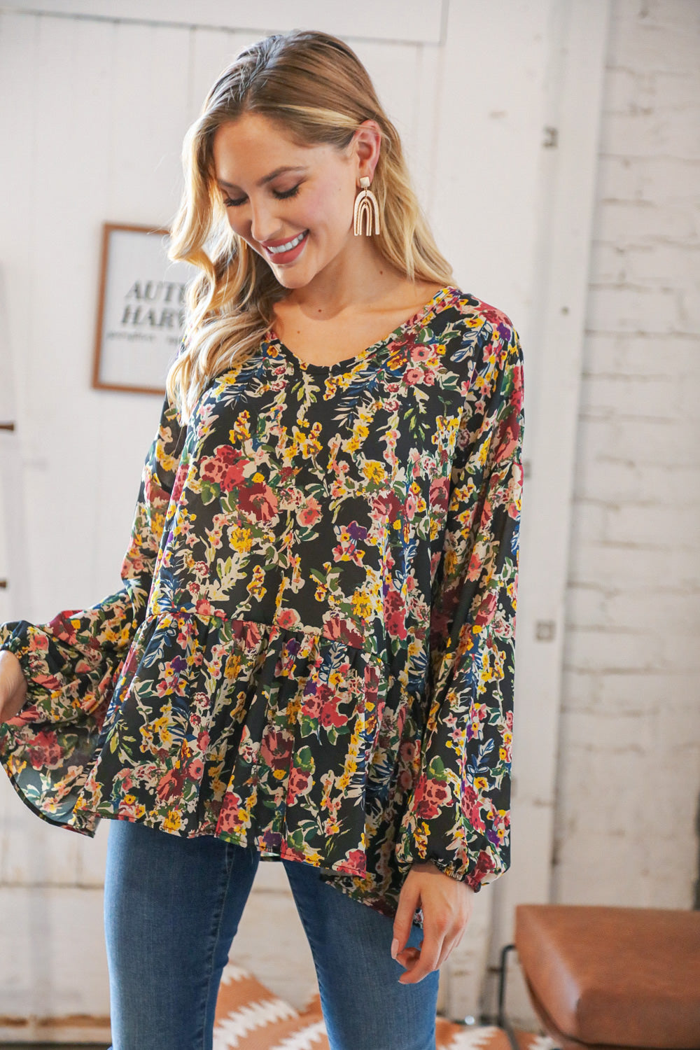 Black Floral V Neck Babydoll Ruffle Woven Blouse