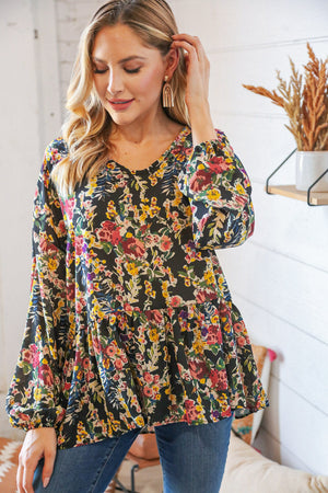 Black Floral V Neck Babydoll Ruffle Woven Blouse