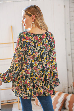 Black Floral V Neck Babydoll Ruffle Woven Blouse