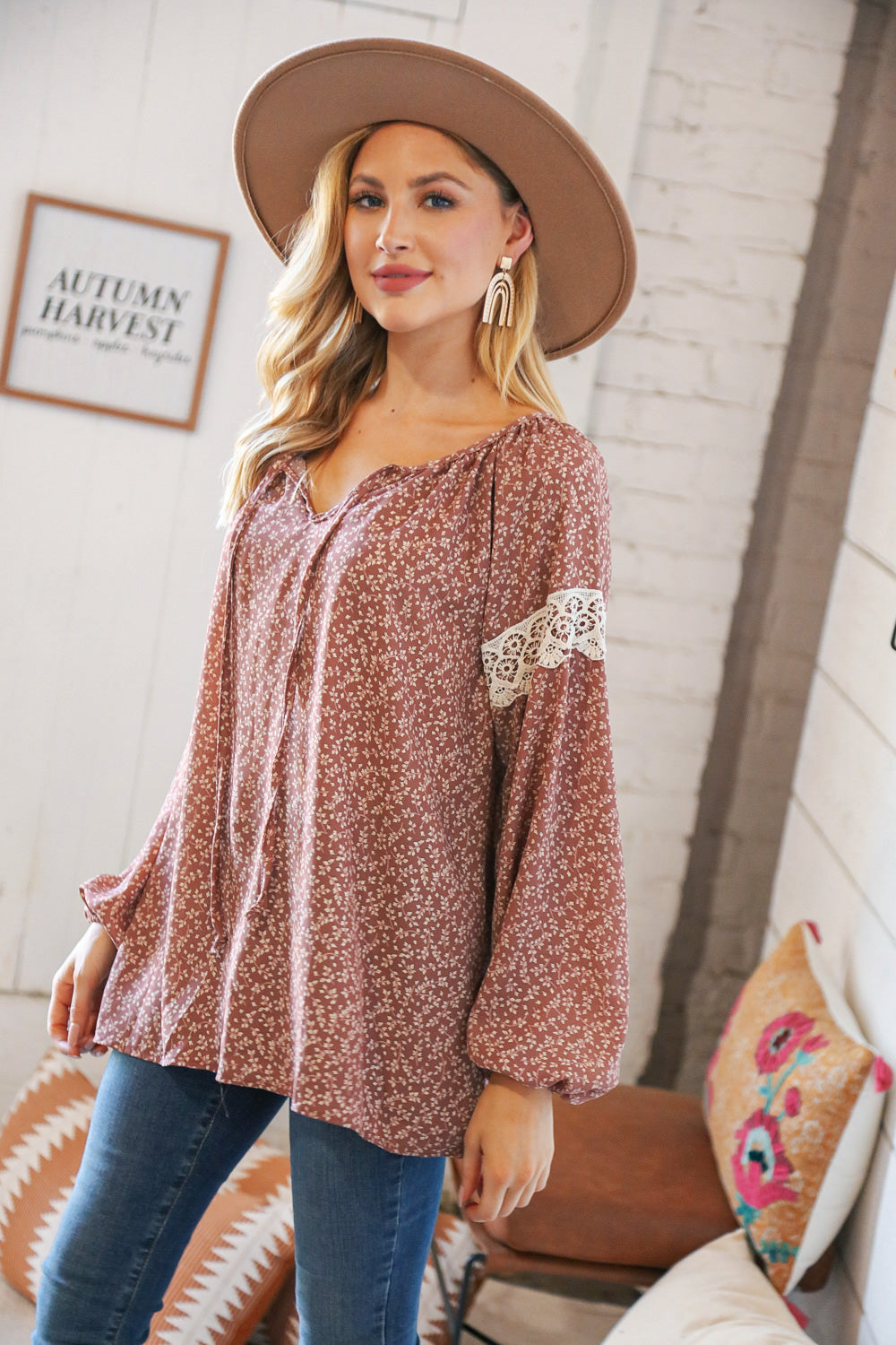 Mauve Small Floral Lace Front Tie Woven Blouse