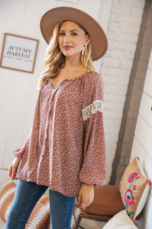 Mauve Small Floral Lace Front Tie Woven Blouse