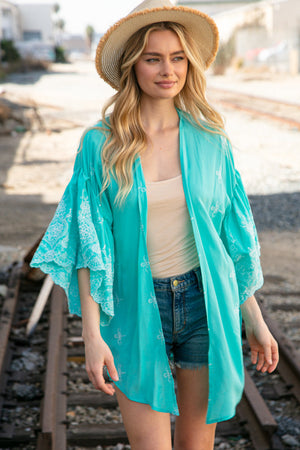 Mint Embroidered Ruffle Sleeve Kimono