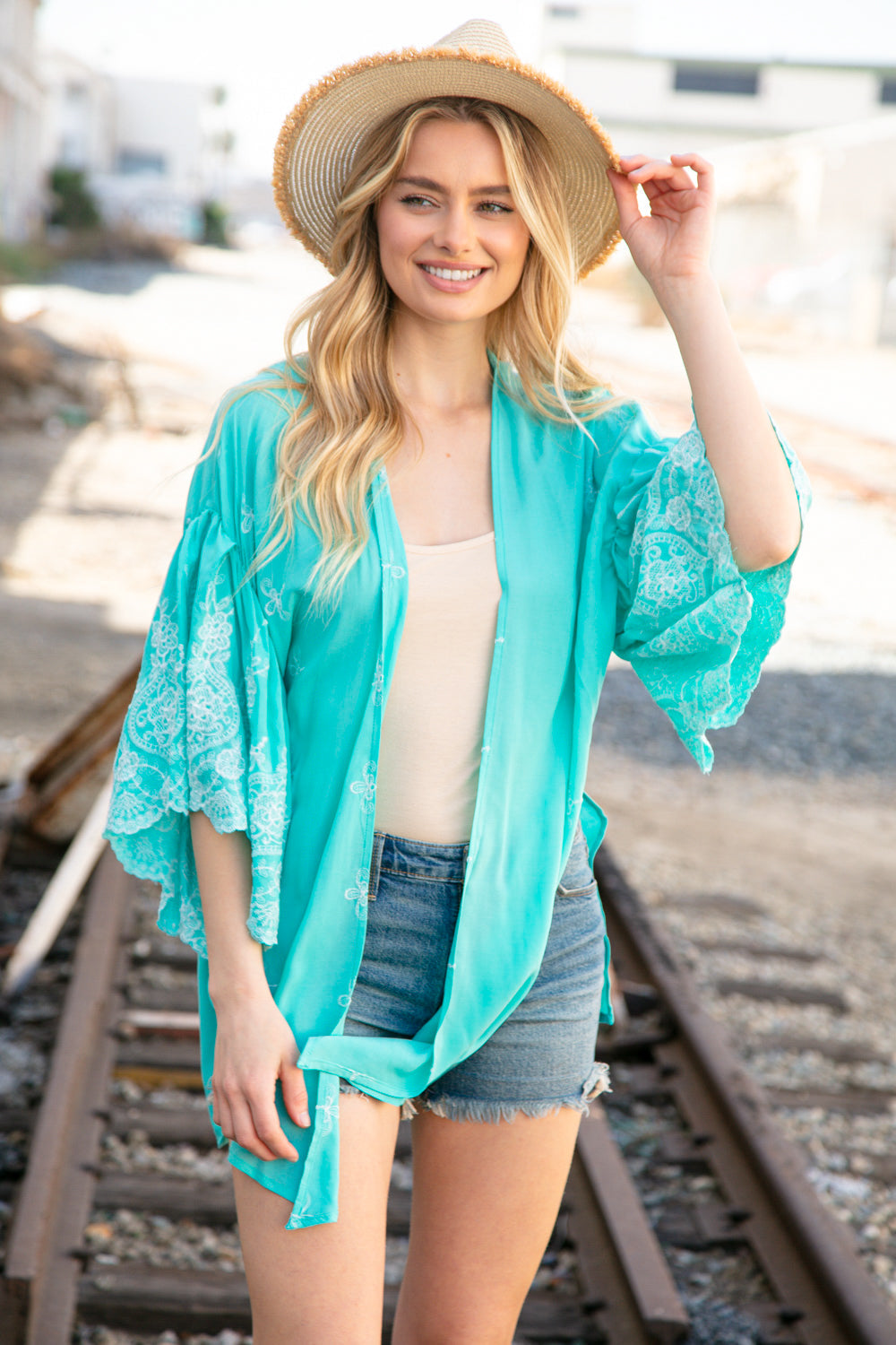 Mint Embroidered Ruffle Sleeve Kimono