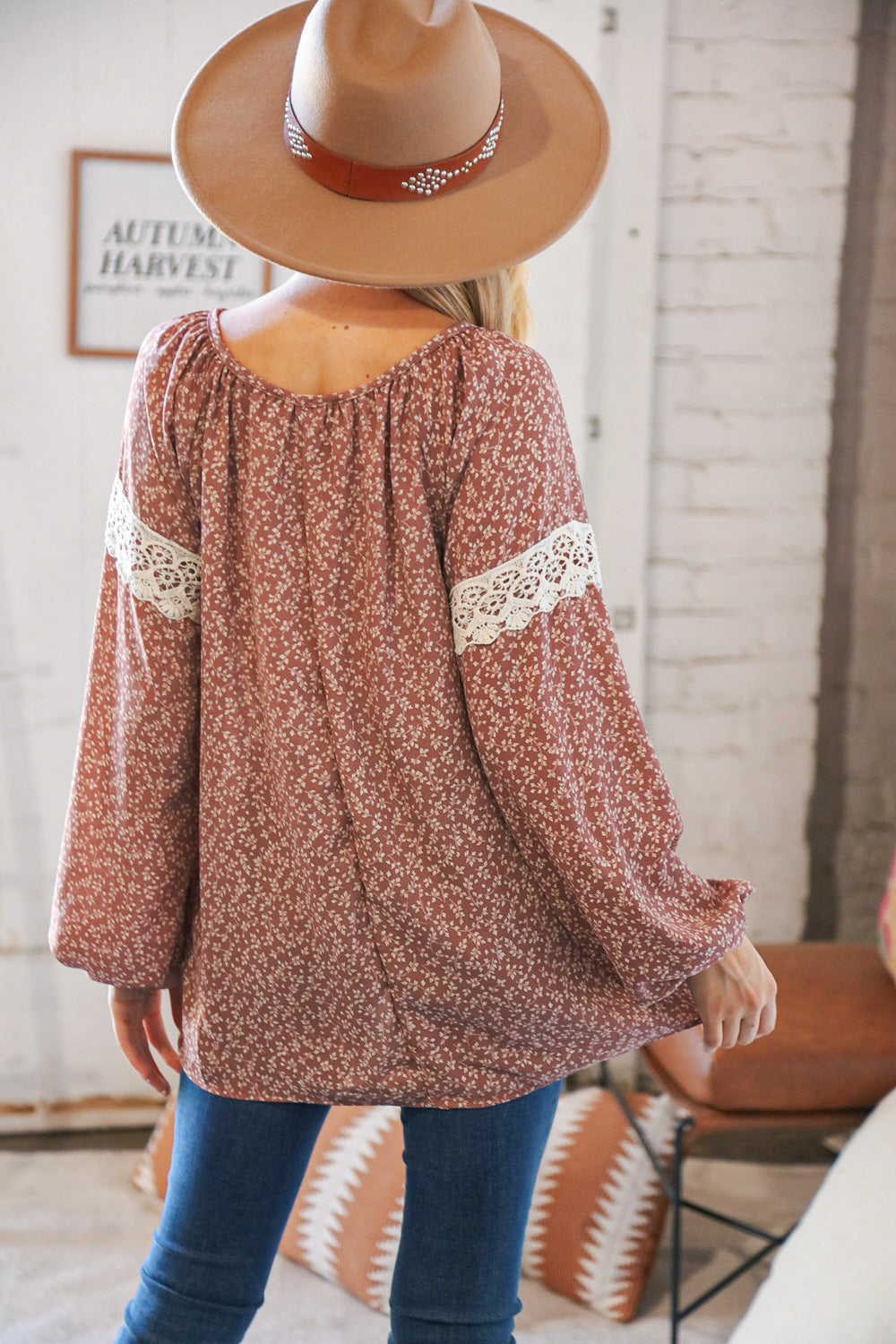 Mauve Small Floral Lace Front Tie Woven Blouse