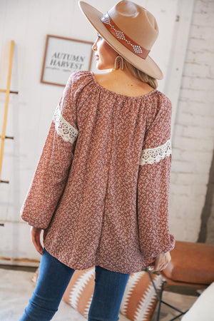 Mauve Small Floral Lace Front Tie Woven Blouse