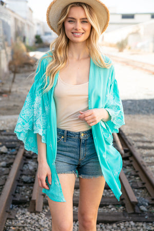 Mint Embroidered Ruffle Sleeve Kimono