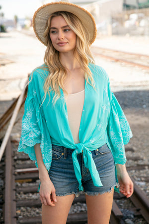 Mint Embroidered Ruffle Sleeve Kimono