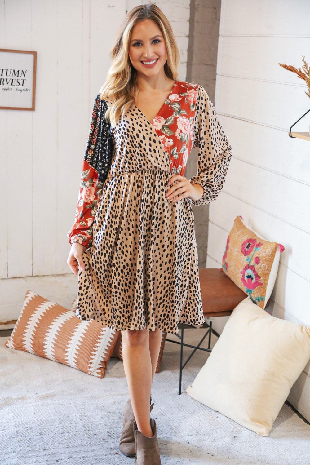 Cheetah Multi-Floral Color Block Surplice Dress