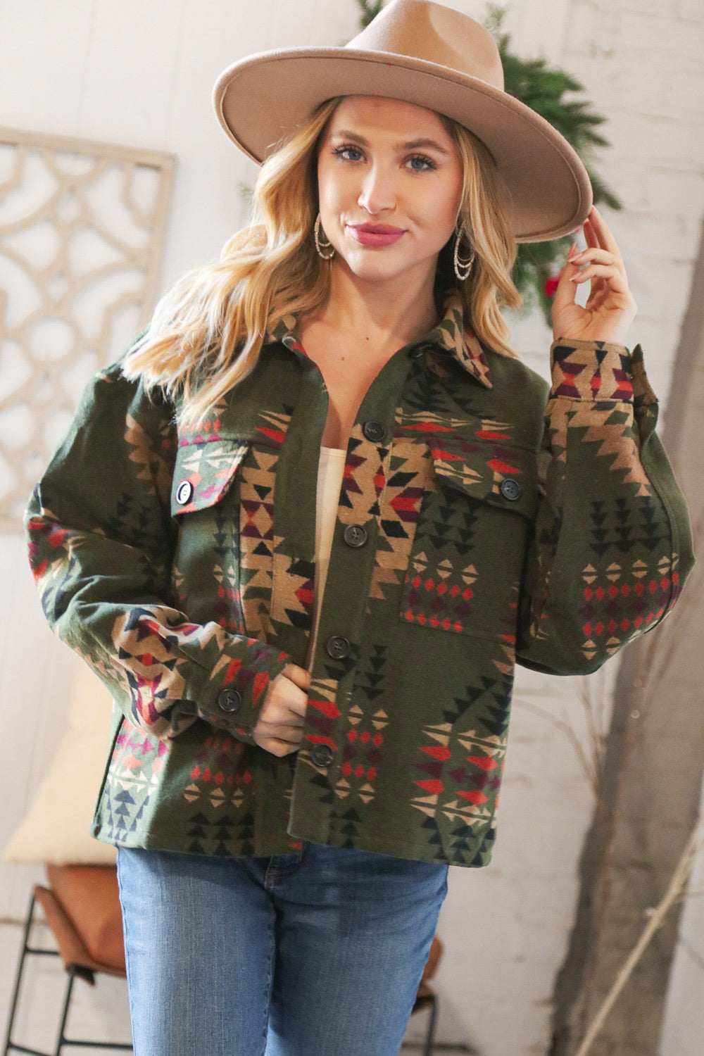 Olive Aztec Breast Flap Pocket Holiday Shacket