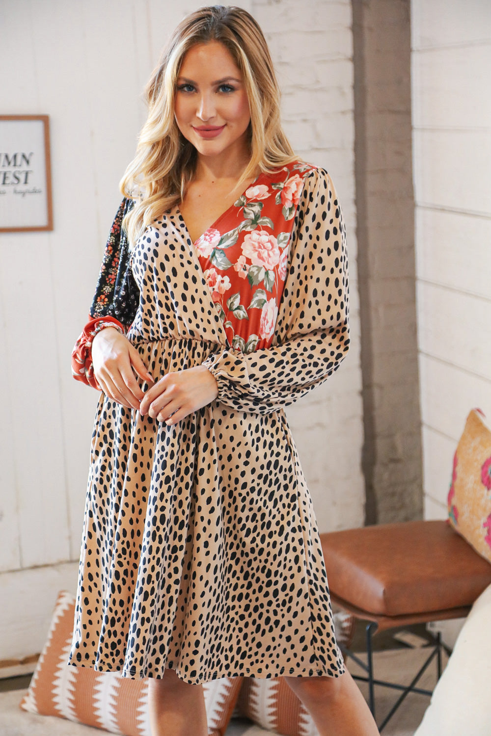 Cheetah Multi-Floral Color Block Surplice Dress