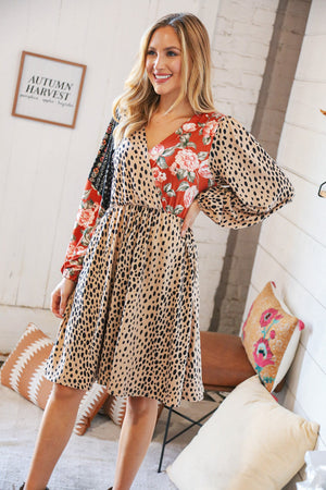 Cheetah Multi-Floral Color Block Surplice Dress