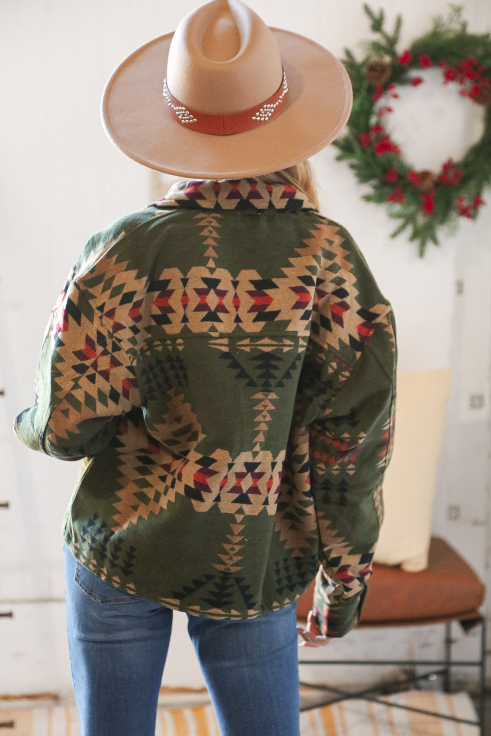 Olive Aztec Breast Flap Pocket Holiday Shacket