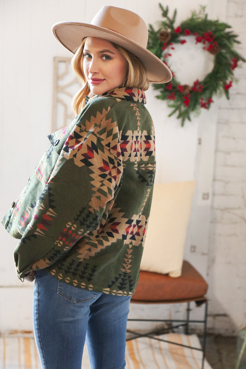 Olive Aztec Breast Flap Pocket Holiday Shacket