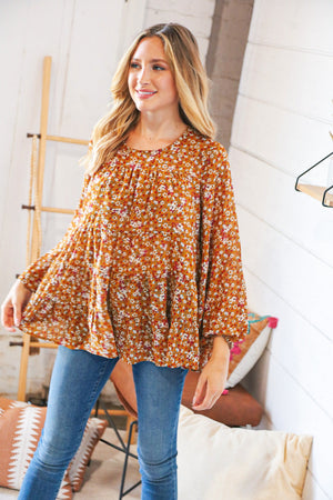 Cinnamon Floral Tiered Bubble Sleeve Keyhole Clasp Blouse