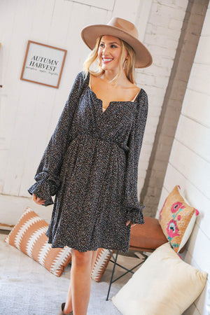 Black Ditzy Floral V Wire Square Neck Dress