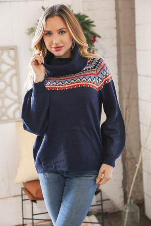 Navy Holiday Pattern Bubble Sleeve Cowel Neck