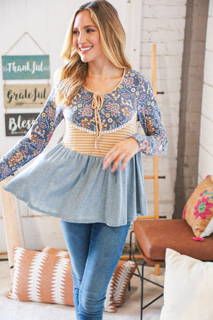 Grey & Rust Ethnic Floral Pointelle Pompom Lace Top